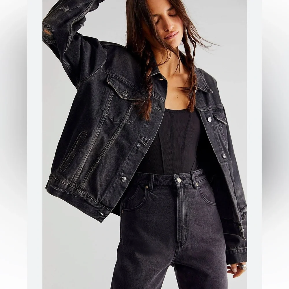 FREE PEOPLE We The Free NEW Jolene Trucker Jacket NEW Washed Black Size S - Picture 16 of 16